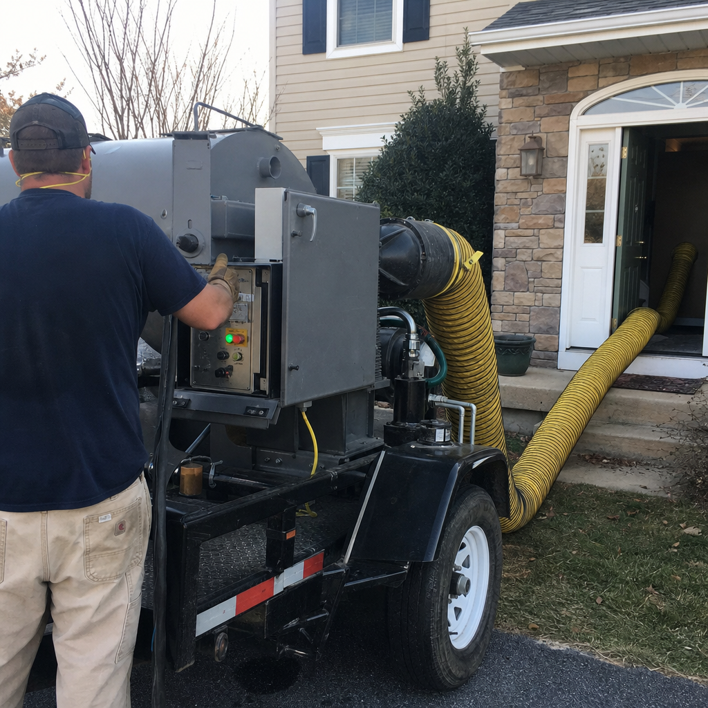 Technician using professional truck-mounted vacuum equipment for residential air duct cleaning