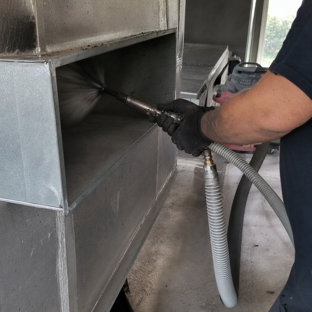 Technician using a rotary brush tool for professional air duct cleaning