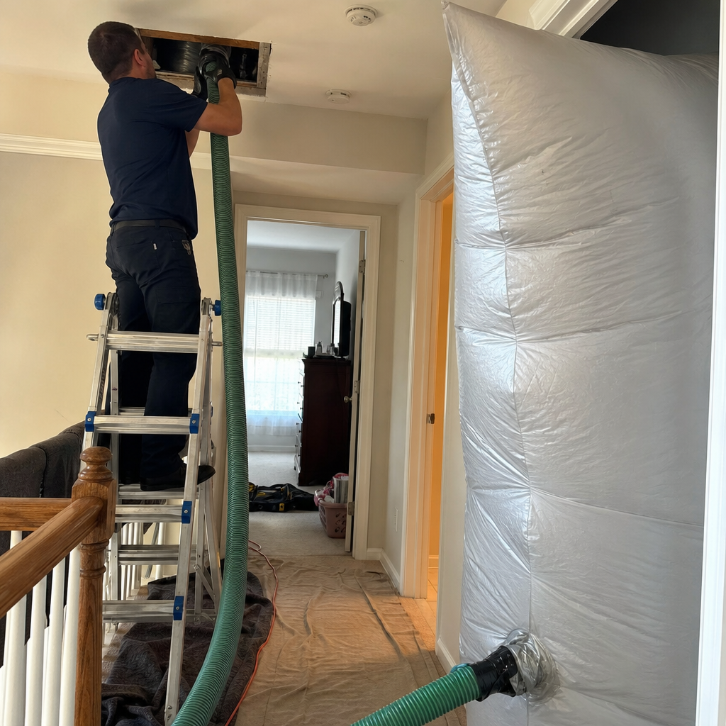 Professional air duct cleaning technician using an industrial vacuum system
