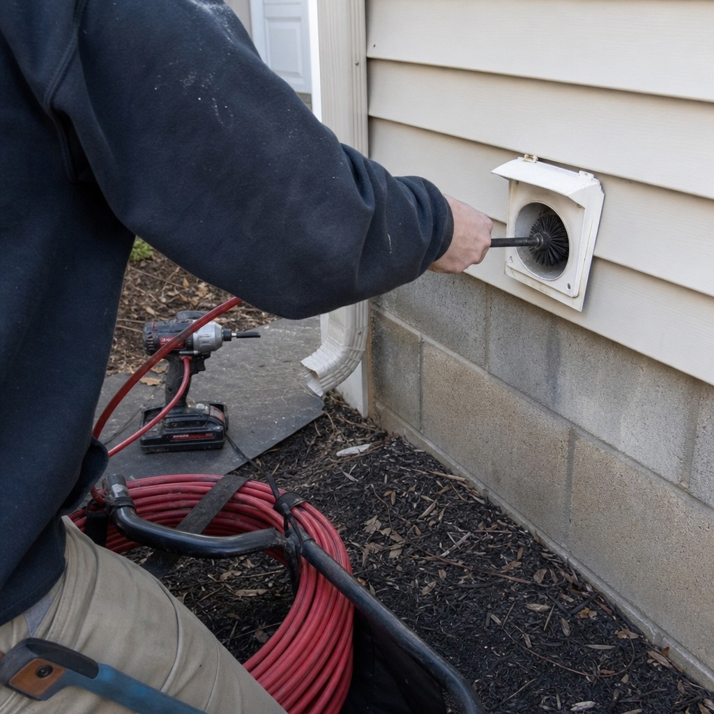 Professional technician performing residential dryer vent cleaning service