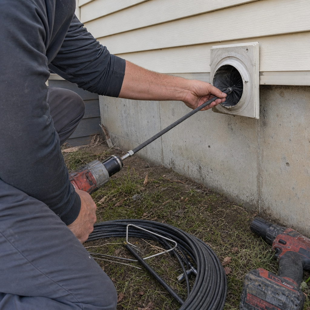 Technician using a rotating drill brush to clean an exterior dryer vent
