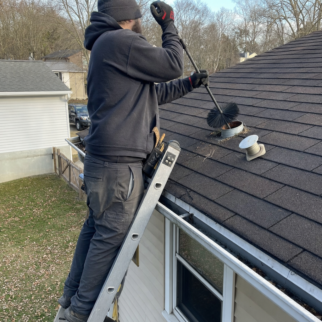 Professional dryer vent cleaning on a residential roof