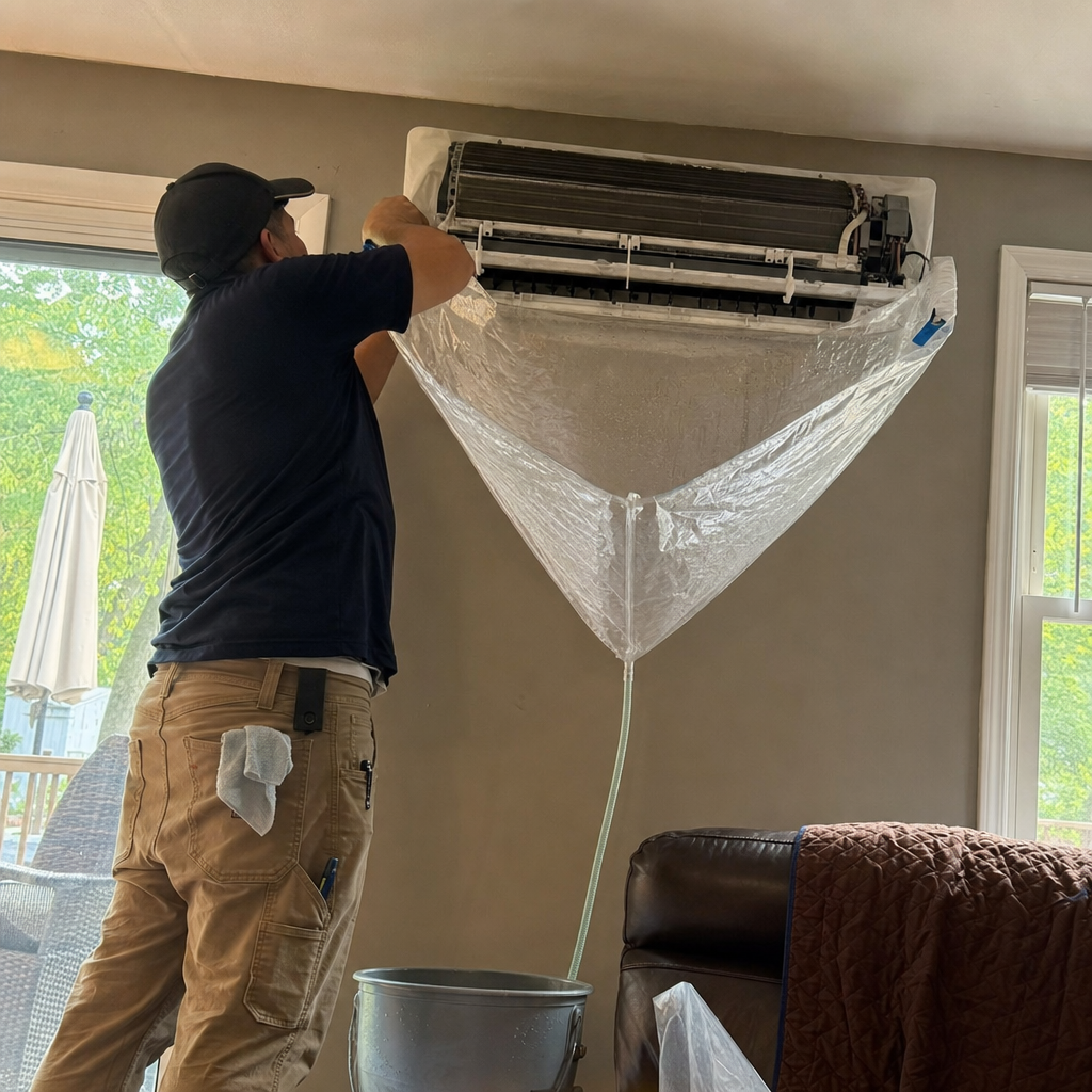 HVAC technician performing professional ductless air conditioner deep cleaning