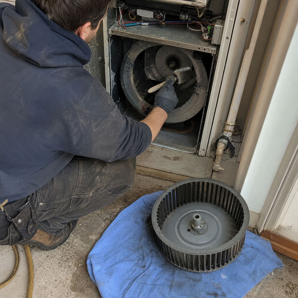 HVAC technician cleaning furnace blower housing