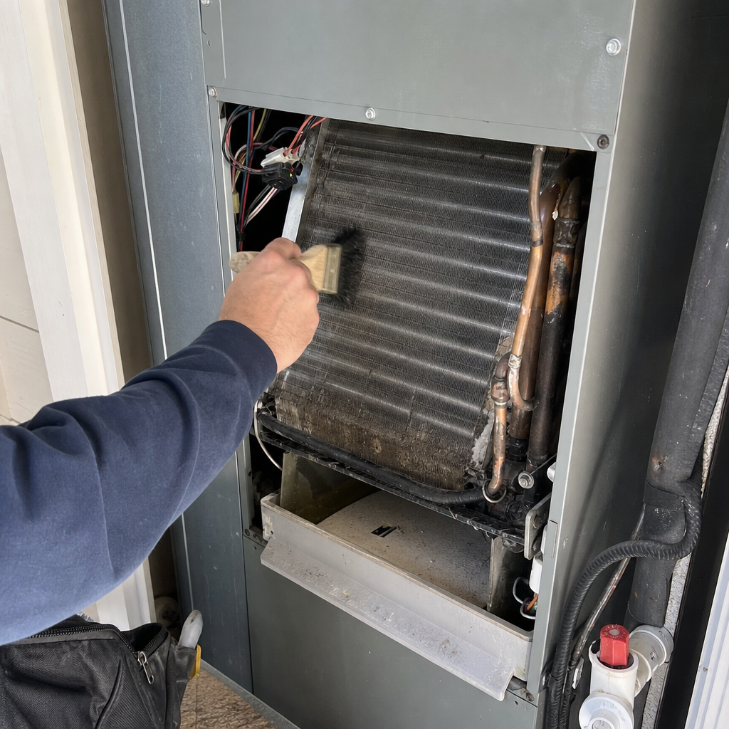 Technician performing professional HVAC coil cleaning and maintenance